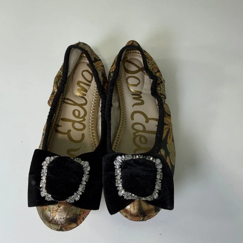 Sam Edelman Farah Kids Gold Floral Brocade Ballet Flats Velvet Bow Rhinestone 3M